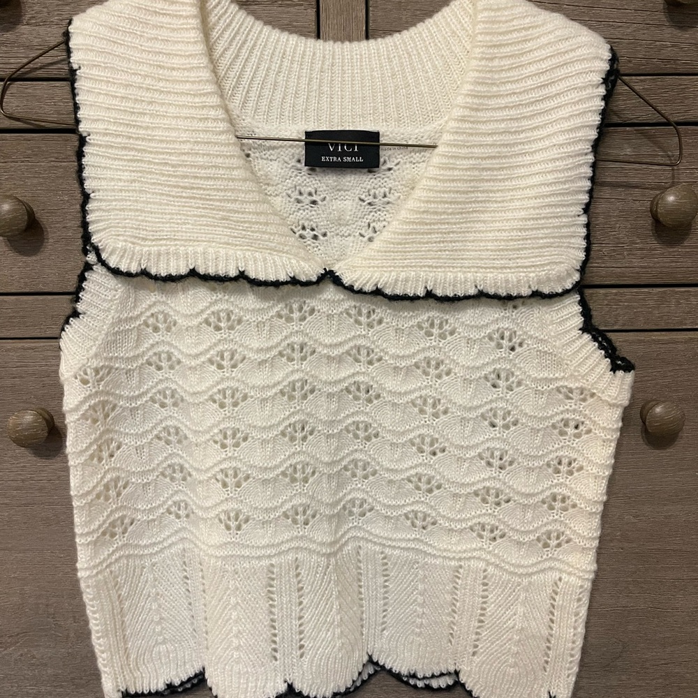 NEW Vici Cream Knit Sleeveless Top with Black Trim